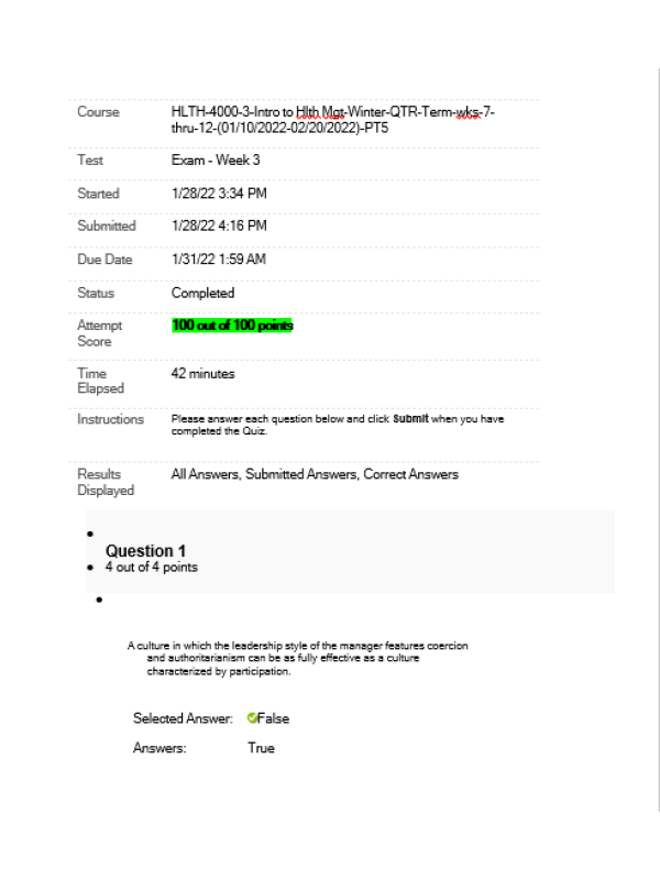 HLTH 4000 Week 3 Midterm Exam (100 out of 100 Points)